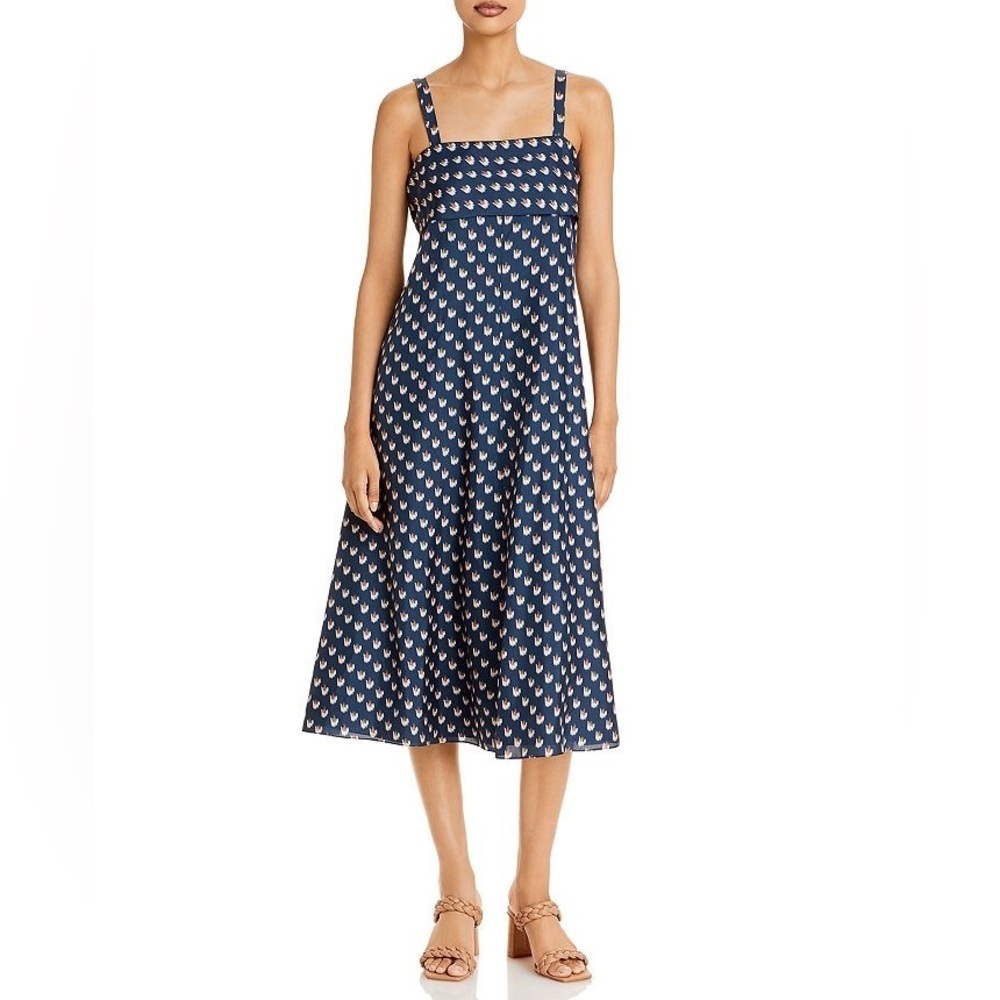 Theory Floral Ikat Print Deep Navy Blue Silk Tie Back Midi Dress EUC Size Small